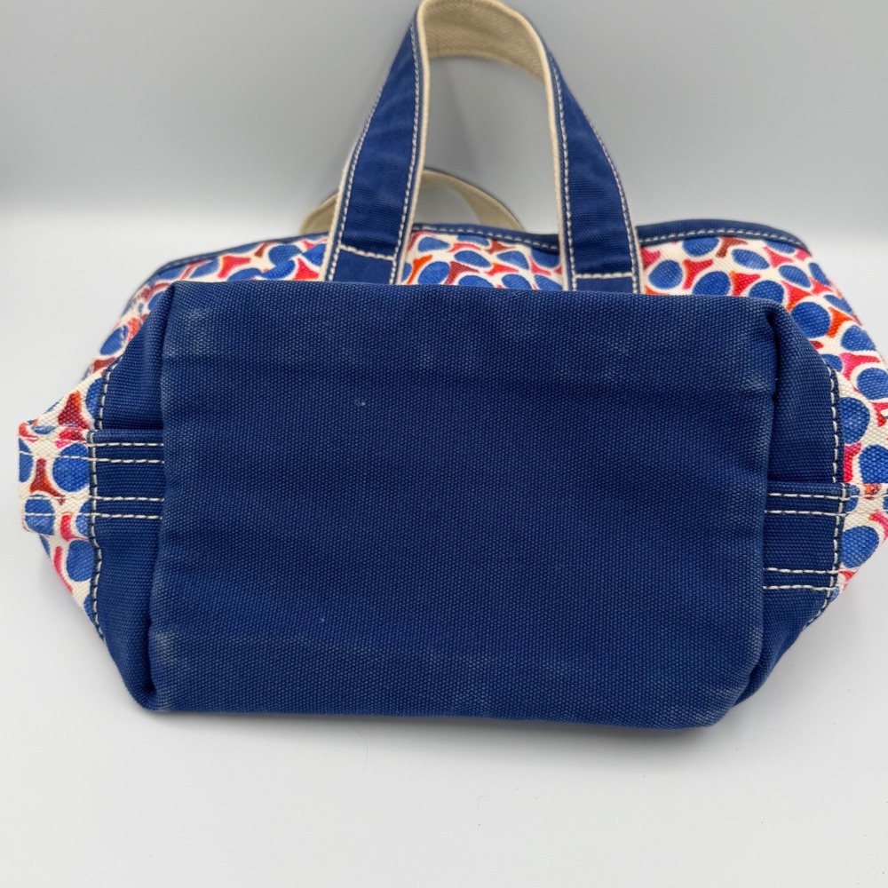Lands End Canvas Tote Bag Small Zip Top Blue Red Geometric Polka Dot Preppy - Picture 3 of 8